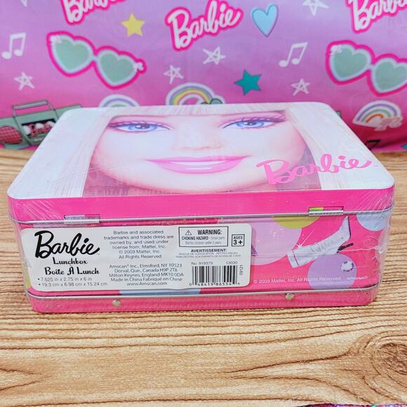 Barbie Metal Lunch Box 2009 Mattel Amscan Pink Tin Case with Handle New w/ Dent - Picture 8 of 8